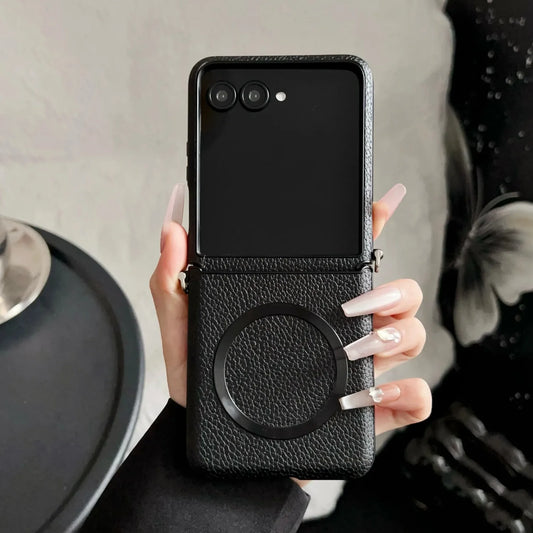 For MagSafe Magnetic Wireless Charging Litchi Texture PU Leather Case For Motorola Moto Razr 60 50 Ultra Plus 2024 Mobile Cover