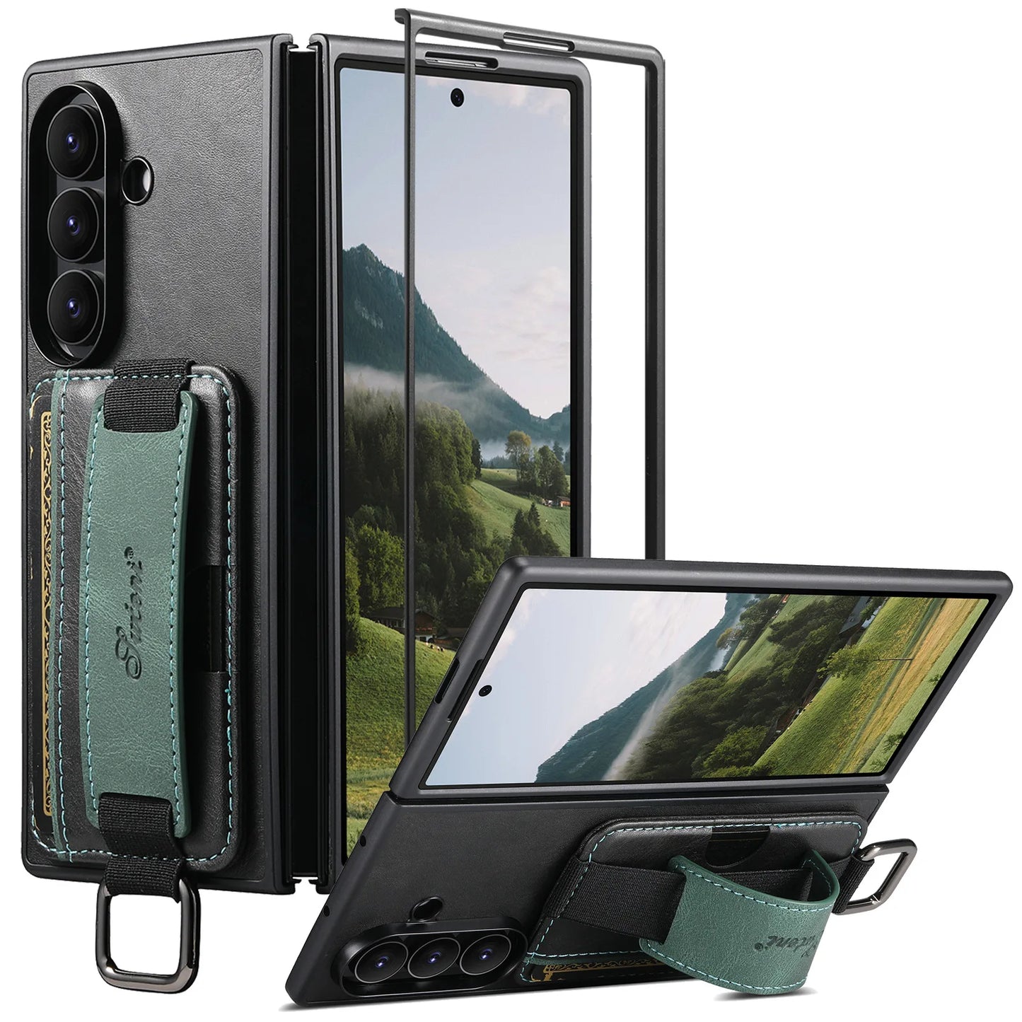 Oil Wax Leather Moblie Phone Case for Samsung Galaxy Z Fold 7 Fold6 5 Wrist Strap Ring Card Slot Wallet Holder Anti-fall Cover