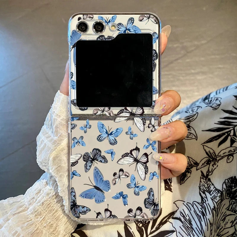 Folding Hard Phone Case For Samsung Galaxy Z Flip 7 FE 6 5 4 3 5G Flowers Butterfly Clear Cover For Samsung Z Flip6 Flip5 Flip4