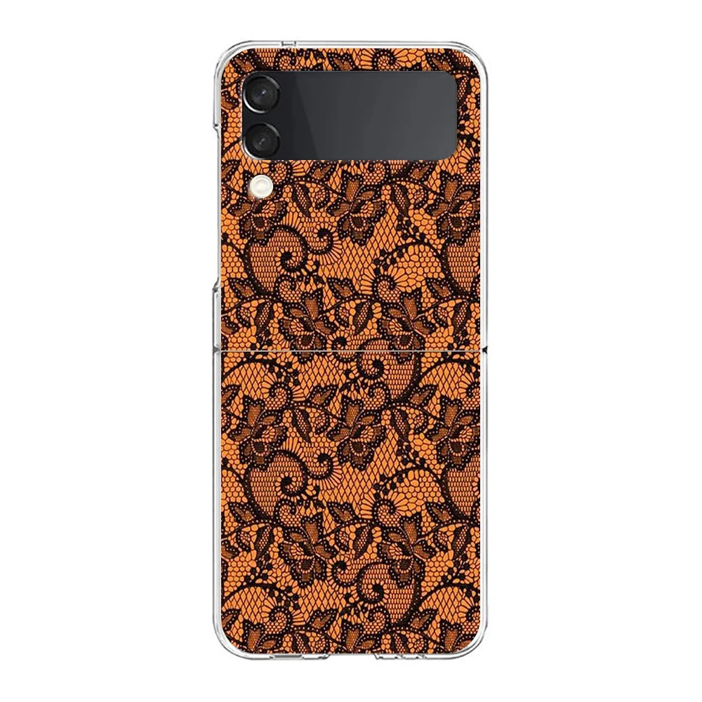 Transparent Phone Case For Samsung Galaxy Z Flip 3 4 5 6 7 Hard Folding PC Z Flip3 Flip4 Cover Lace Printed