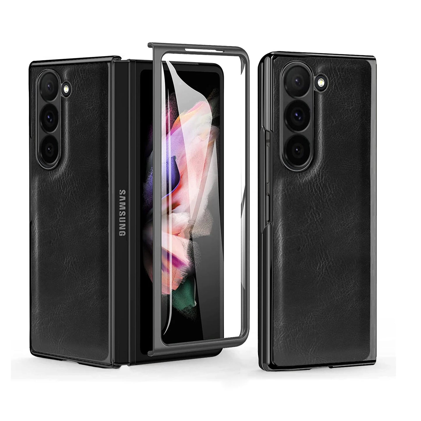 VIETAO Crazy Horse Plain PU Leather Mobile Phone Case With Temper Glass For Samsung Galaxy Z Fold 6 Fold 5 Fold 4 Fold 3 Fold 2