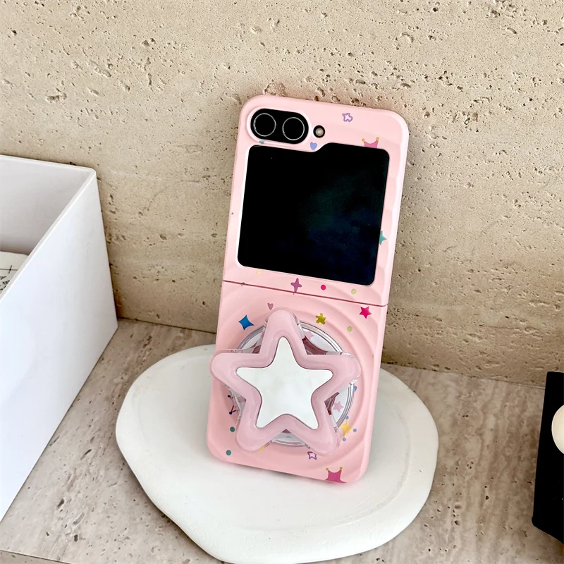 Korean Cute Star Magnetic Stand Holder Phone Case For Samsung Galaxy Z Flip 7 6 5 4 3 Flip5 Flip6 Flip7 Cover Cases with Chain