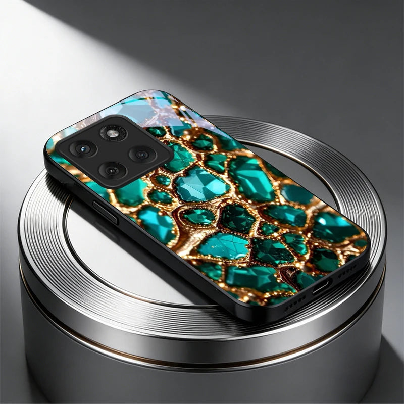 Luxury Green Gem Golden Black Glass Phone Case For Motorola Moto Edge 60 70 20 Lite 30 Pro 40 50 Ultra G45 G54 G55 G75 84 Cover