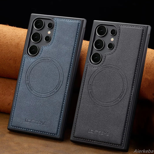 Magnetic Leather Phone Case for Samsung Galaxy S26 S25 Edge S24 Ultra S23 FE S22 Plus S21 S20 A17 A37 A57 Wireless MagSafe Cover