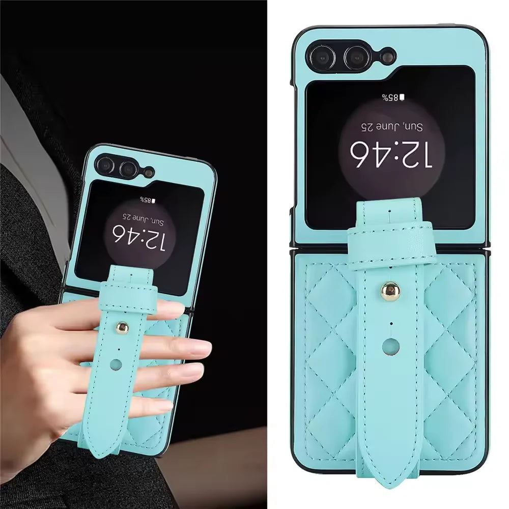Leather Wristband Phone Case for Samsung Galaxy Z Flip 5 4 5G Flip5 Zflip 6 Wrist Strap Thin Skin Feeling Shockproof Stand Cover