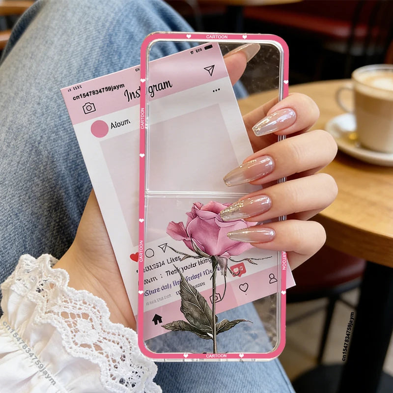 INS Korea Pink Peach Blossoms Phone Case For Samsung Z Flip 7 6 5 4 3 Z Flip7 Girls Flower Hard PC Back Cover Rose Pattern Shell