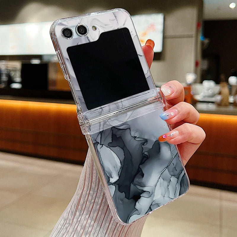 Ink Marble Pattern Clear Phone Case For Samsung Galaxy Z Flip7 FE Flip5 Flip6 Folding Hard Cover For Samsung Z Flip 7 6 5 4 3 5G