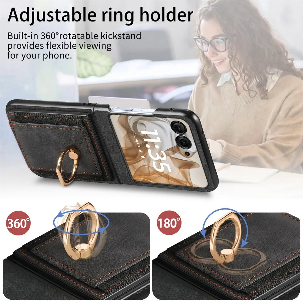 For Motorola Razr 50 Ultra Mooto Razr40 Retro Plain PU Leather Card Slot Holder Wallet Phone Case Ring Bracket Shockproof Cover