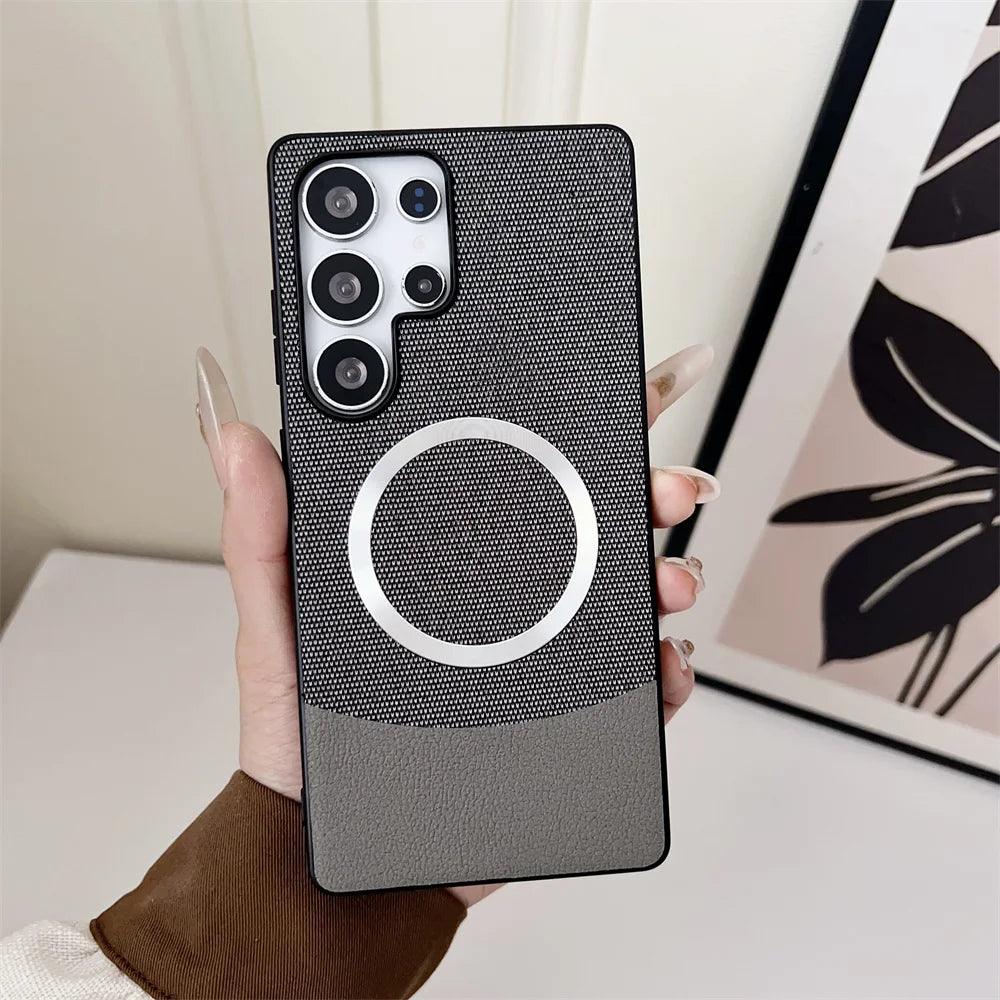 Luxury Patchwork Leather Magnetic Phone Case For Samsung Galaxy S25 Ultra s25 Plus For Magsafe Wireless Charging Hybrid PC Cover