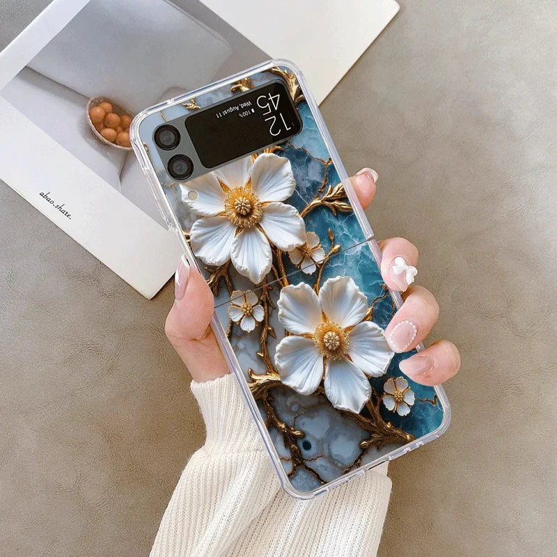 White Camellia Flower Marble Texture Phone Case for Samsung Galaxy Z Flip 7 Flip6 5 4 3 5G Folding Cover for Z Flip7 Flip5 Shell