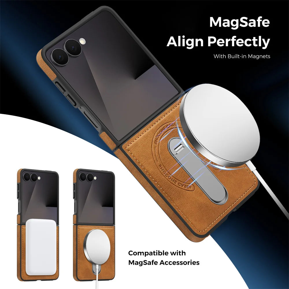 Luxury Invisible Fold Stand Magnetic Leather Phone Case For Samsung Z Flip 7 FE 6 5 4 3 5G For Magsafe Wireless Charging Cover