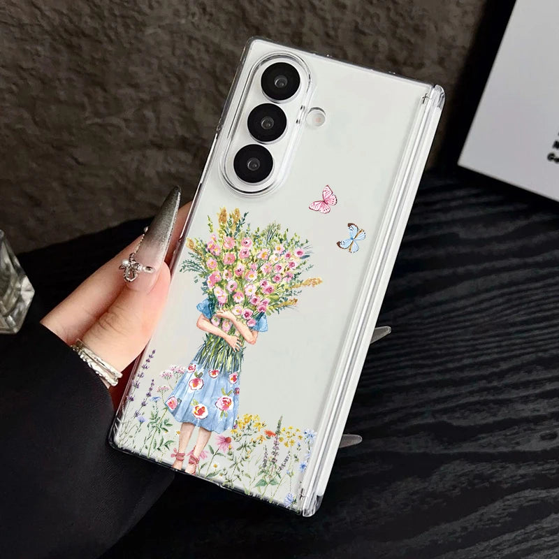 Magnetic Adsorption Clear Phone Case For Samsung Galaxy Z Fold 7 6 Fold7 Fold6 Fold5 5G Colorful Plant Printing Hard Back Cover