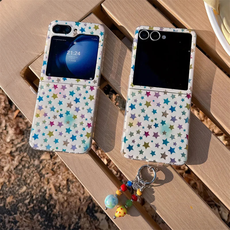 Colorful Little Star Phone Case For Samsung Galaxy Z Flip 7 6 5 4 3 ZFlip6 ZFlip7 Cover with Chain Cute Protective Cases For Gir