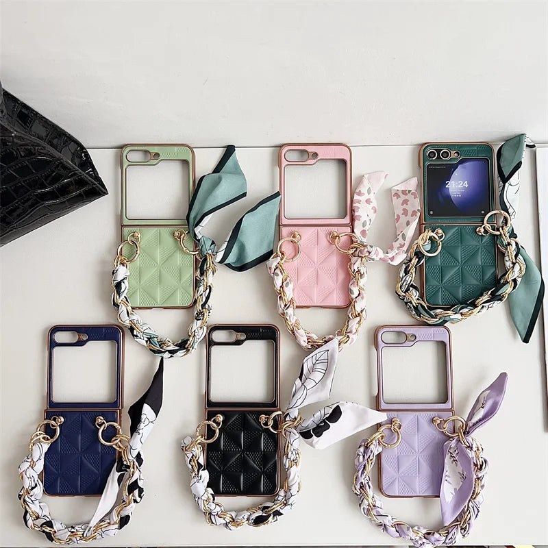 Hand Lanyard Lattice Pattern Phone Cover For Samsung Z Flip5 ZFlip 3 4 Wrist Chain Rope Electroplated Case For Galaxy Flip 6 5