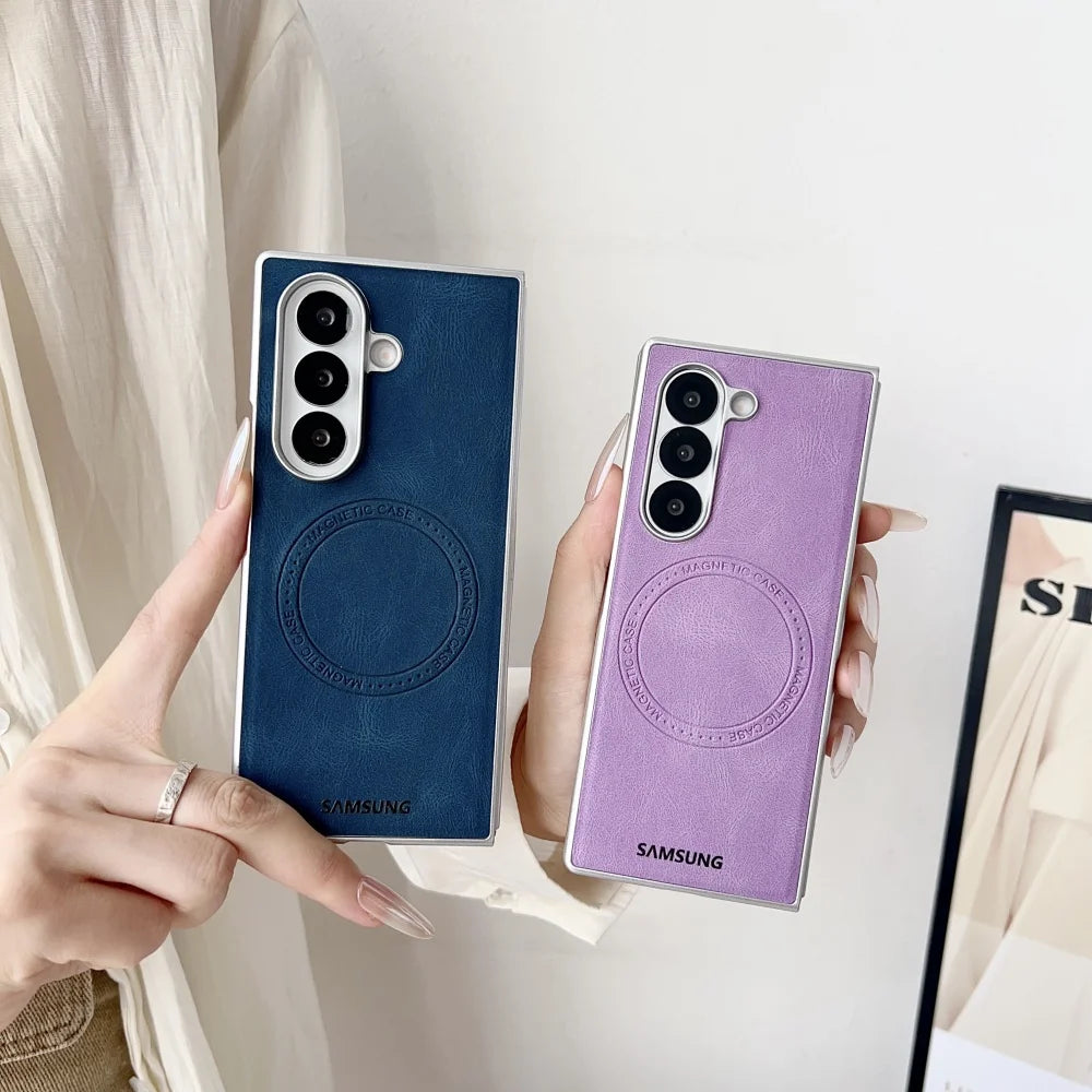 Retro Leather Cover Samsung Galaxy Z Fold 7 6 5 4 Magsafe Wireless Charging Cover For Galaxy Fold6 Fold7 Hard Shockroof Case