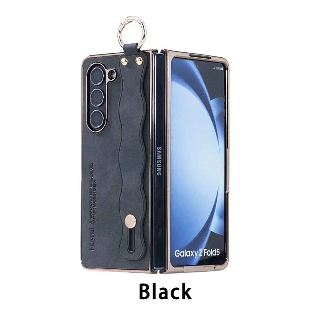 for Z Fold 7 Fashion Wave Wristband Leather Folding Case For Samsung Galaxy Z Fold 3 4 5 6 Zfold6 Fold7 Ring Buckle Holder Cover