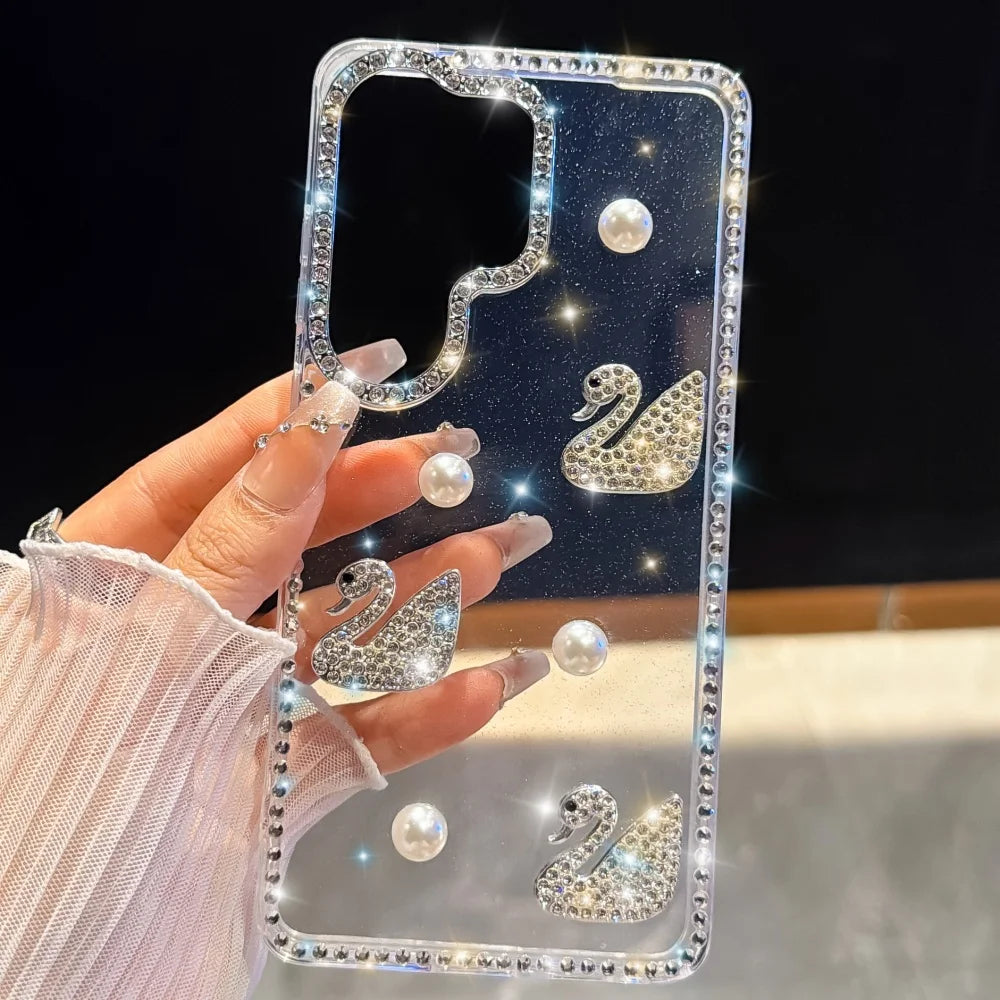 Luxury Diamond Swan Cover For Samsung Galaxy S26 Ultra S26 Plus Laser Heart Case For Samsung S23 S24 Ultra S25 Plus Pearl Case
