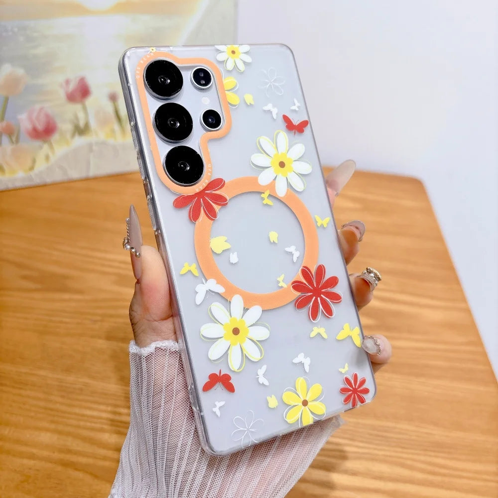 Imd Skin friendly for Magnetic Case for Samsung Galaxy S26 Ultra S26 Pro S25 S24 Plus Ultra S23 Ultra Flowers Transparent Cover