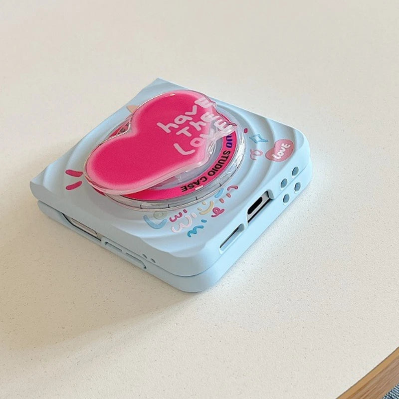 Korean Cute Star Wave Case For Samsung Galaxy Z Flip 5 6 5G Flip6 Flip5 2-piece set With Bracelet Love Heart Holder  Back Cover