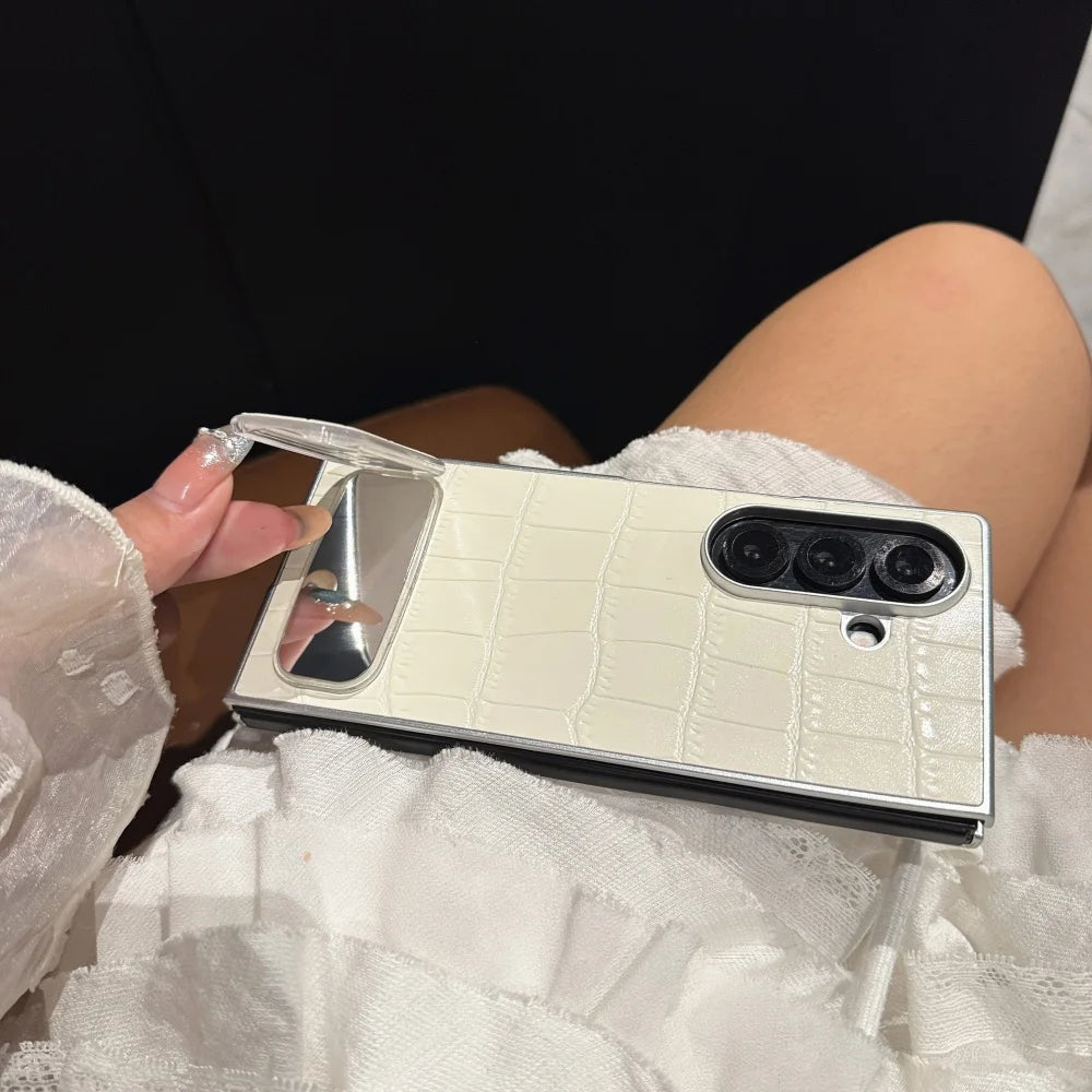 3D Crocodile Skin Pattern PU Phone Case For Samsung Galaxy Z Fold 7 6 5 4 3 Fold7 ins Y2K Invisible Makeup Mirror Bracket Cover