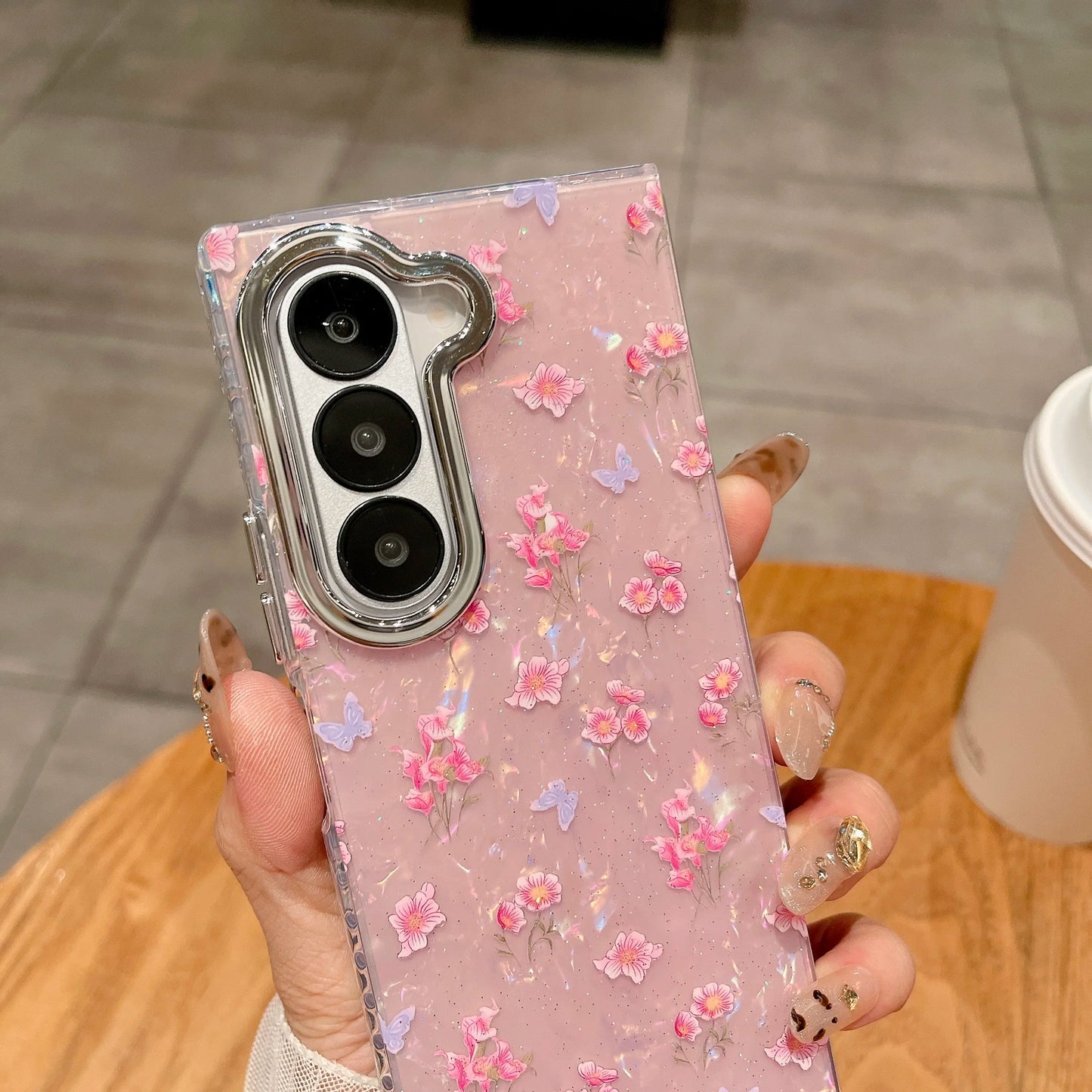 Laser Shell Pattern Flower Cases For Samsung Galaxy Z Fold 6 Glitter Cover For Samsung Z Fold 5 zfold4 zfold3 Hard Back Shell