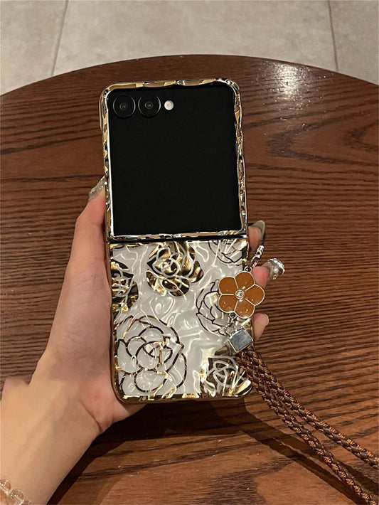 Luxury Plating Rose Wrinkle Transparent Phone Case with Weave Rope for Samsung Galaxy  Flip7 Z Flip6 ZFlip 5 Zflip6 Zflip7 Cover
