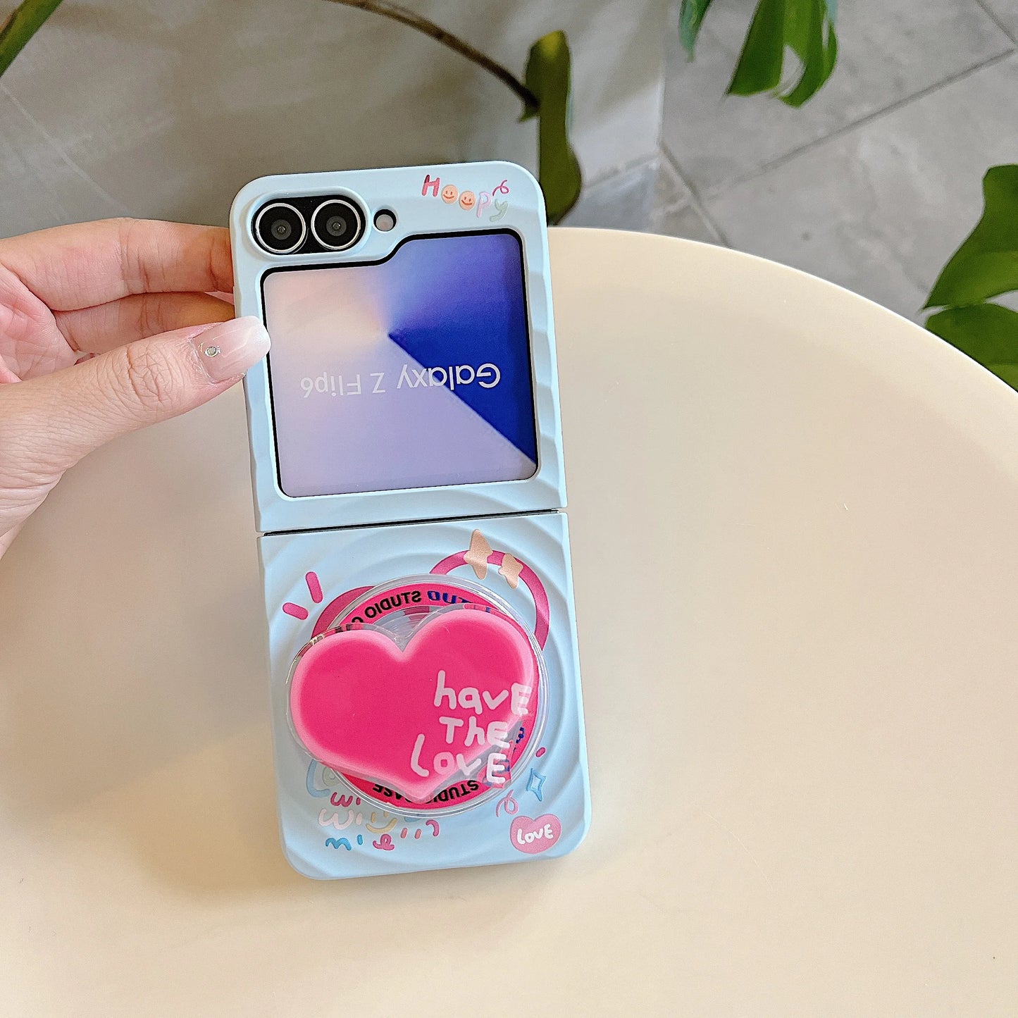 Korean Cute Star Wave Case For Samsung Galaxy Z Flip 5 6 5G Flip6 Flip5 2-piece set With Bracelet Love Heart Holder  Back Cover
