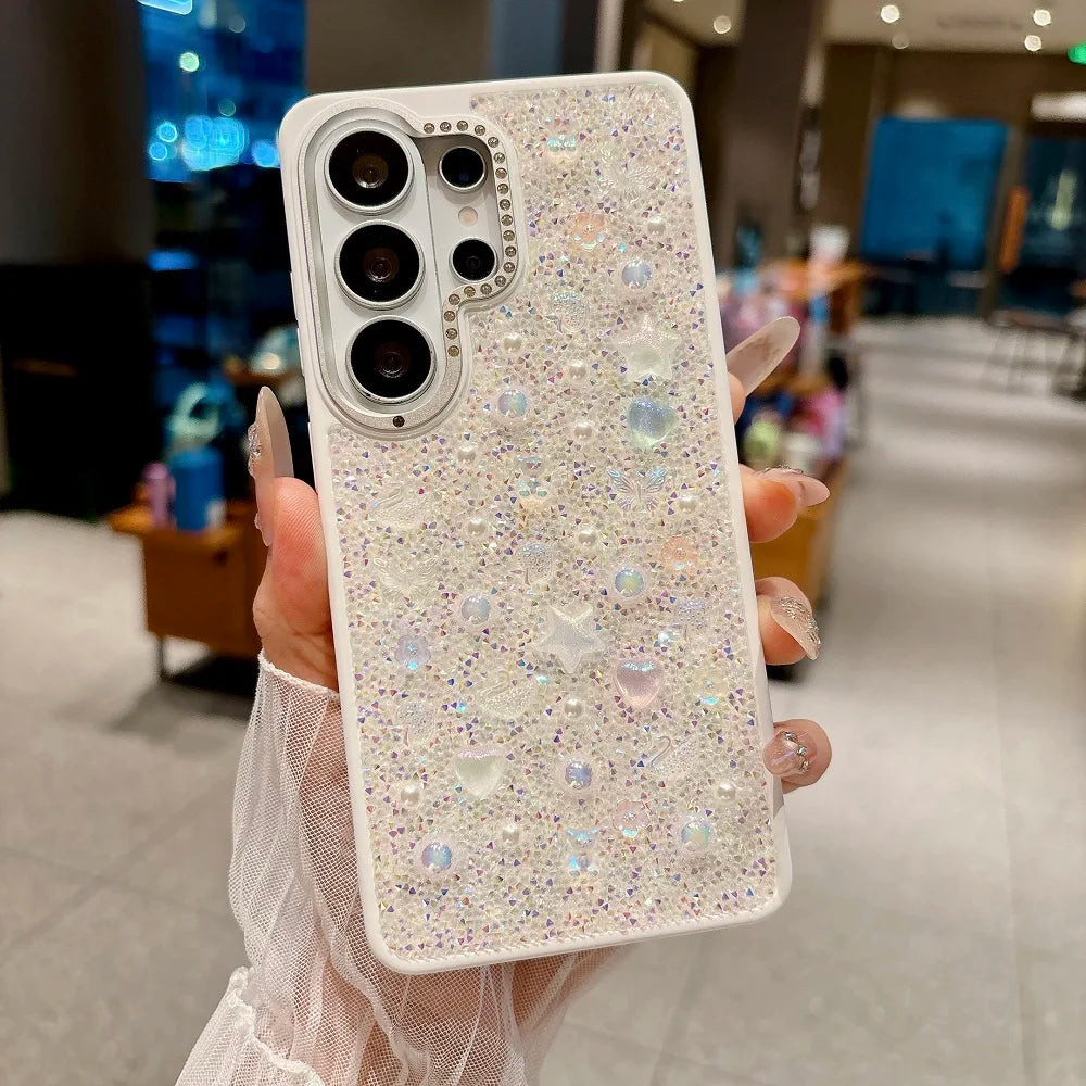 Luxury 3D Pearl Star Glitter Phone Case For Samsung Galaxy S26Ultra S25Ultra Korean Girl Shockproof Protection Back Cover