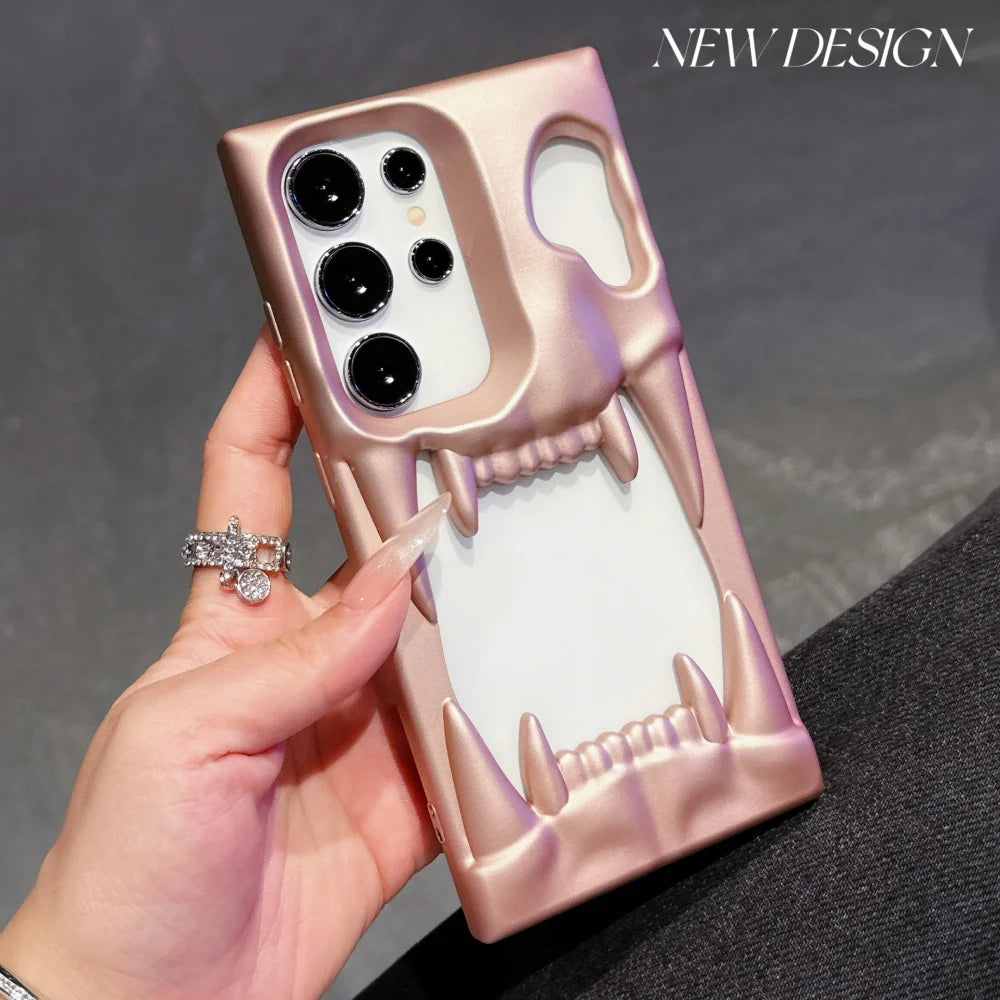 Luxury Hollow 3D Skeleton Tiger Teeth Case For Samsung Galaxy S25 S24 Plus Ultra Matte Metallic Fluorescence Shockproof Cover
