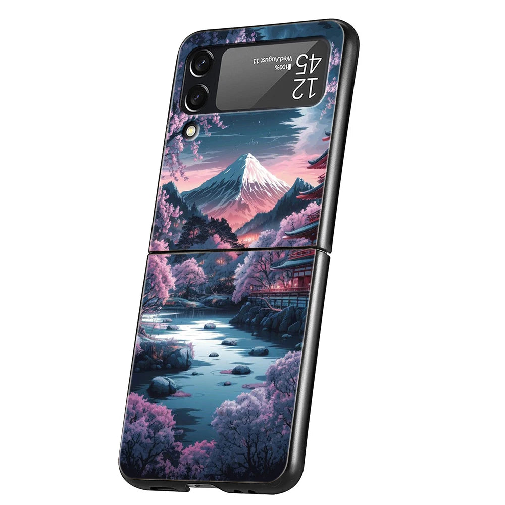 Hard PC Phone Case For Samsung Galaxy Z Flip 7 6 5 4 Black Cover For Galaxy Z Flip 3 Foldable Shockproof Pink Sunset Mountain