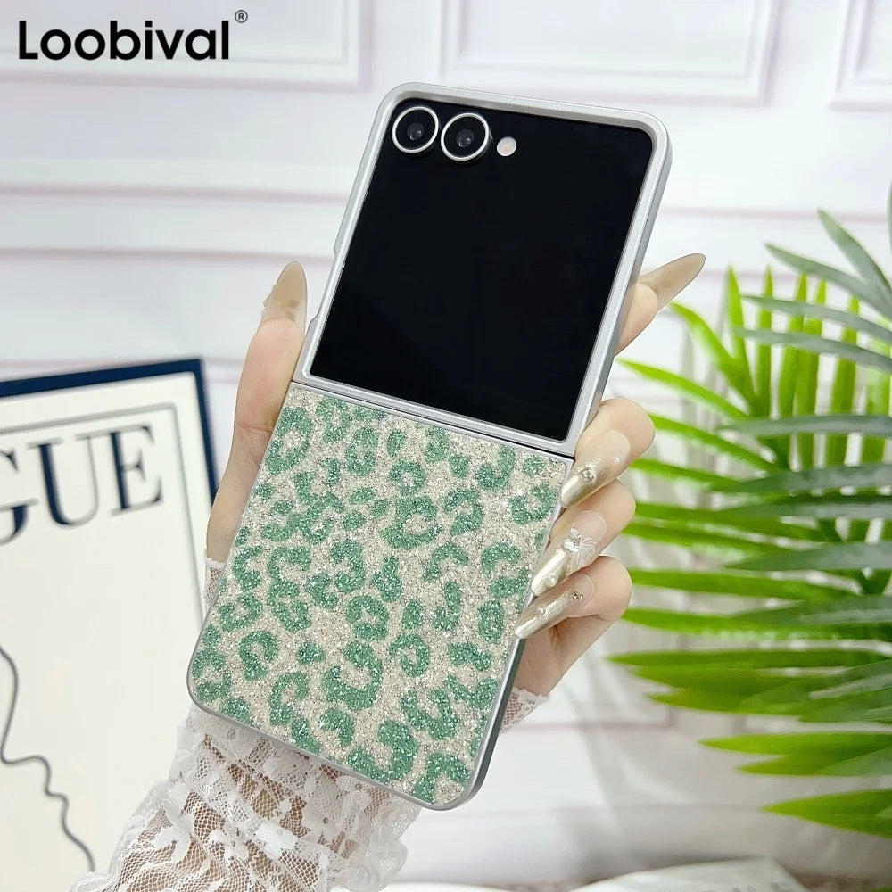 Z Flip 7 5G Glitter Leopard Print Folding Phone Case For Samsung Galaxy Z Flip7 Flip6 Flip 5 4 Shockproof Skin Feel Bumper Cover