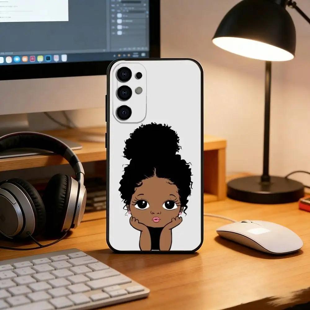 Cartoon African Black Girl Phone Case For Samsung S25,S24,S21,S22,S23,S30,Ultra,S20,Plus,Fe,Soft Silicone Black Cover