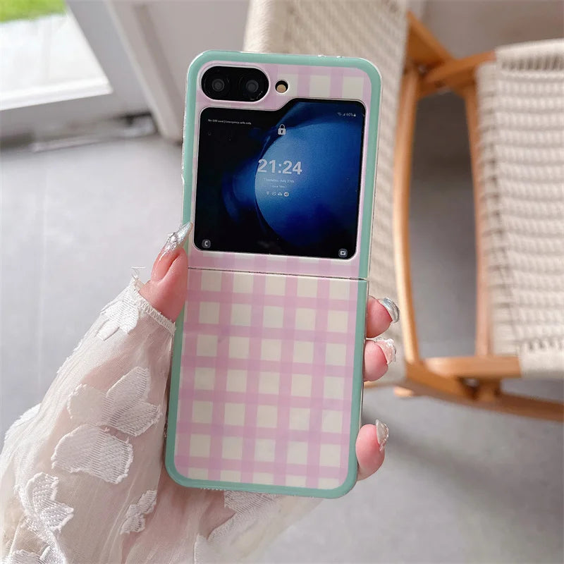 Korean Color Plaid Pattern Magnetic Phone Case For Samsung Galaxy Z Flip 7 6 5 4 Flip6 Flip7 Cover with Magsafe Stand Cases Capa