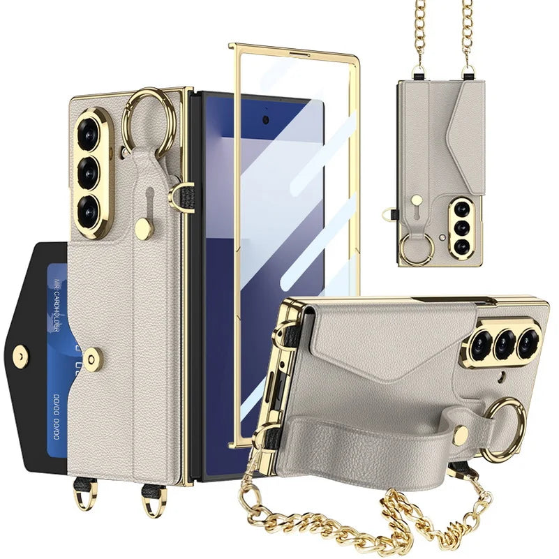 Gold Wristband Bracelet Electroplated Plain Leather Card Slot Glass Protect Case for Samsung Galaxy Z Fold7 Fold 7 6 Cover