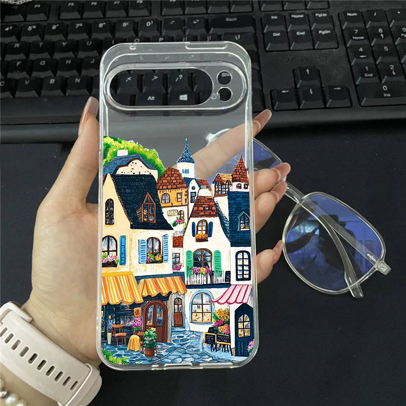 Coffe House Flower Landscape Phone Case For Google Pixel 9 Pro XL 10 8A 8 7 Pro 8 7 6A 5G Japan Anime Scenery Clear Soft Cover