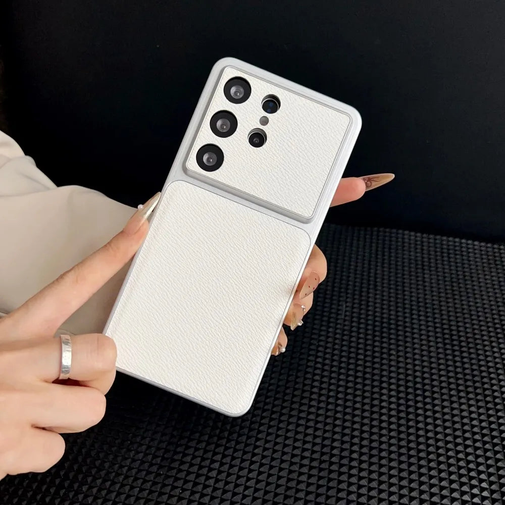 Light luxury Leather Thin Phone Case For Samsung Galaxy S26 Ultra S25 Plus S24 FE Large Window Camera Protection Matte Cover