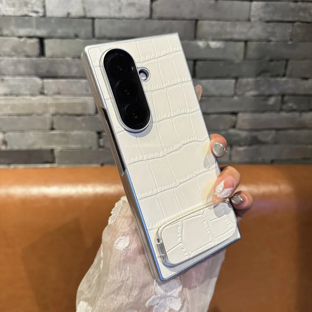 3D Crocodile Skin Pattern PU Phone Case For Samsung Galaxy Z Fold 7 6 5 4 3 Fold7 ins Y2K Invisible Makeup Mirror Bracket Cover