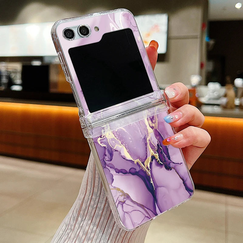 Ink Marble Pattern Clear Phone Case For Samsung Galaxy Z Flip7 FE Flip5 Flip6 Folding Hard Cover For Samsung Z Flip 7 6 5 4 3 5G