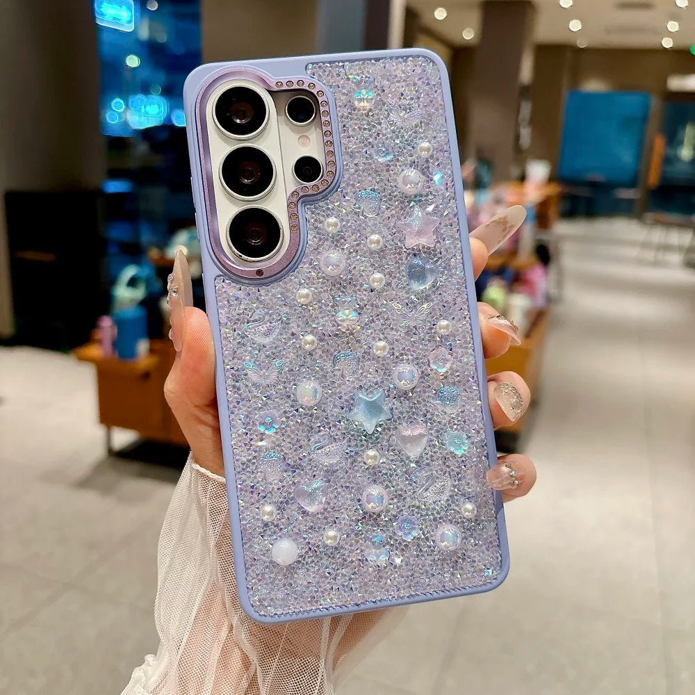 Luxury 3D Pearl Star Glitter Phone Case For Samsung Galaxy S26Ultra S25Ultra Korean Girl Shockproof Protection Back Cover