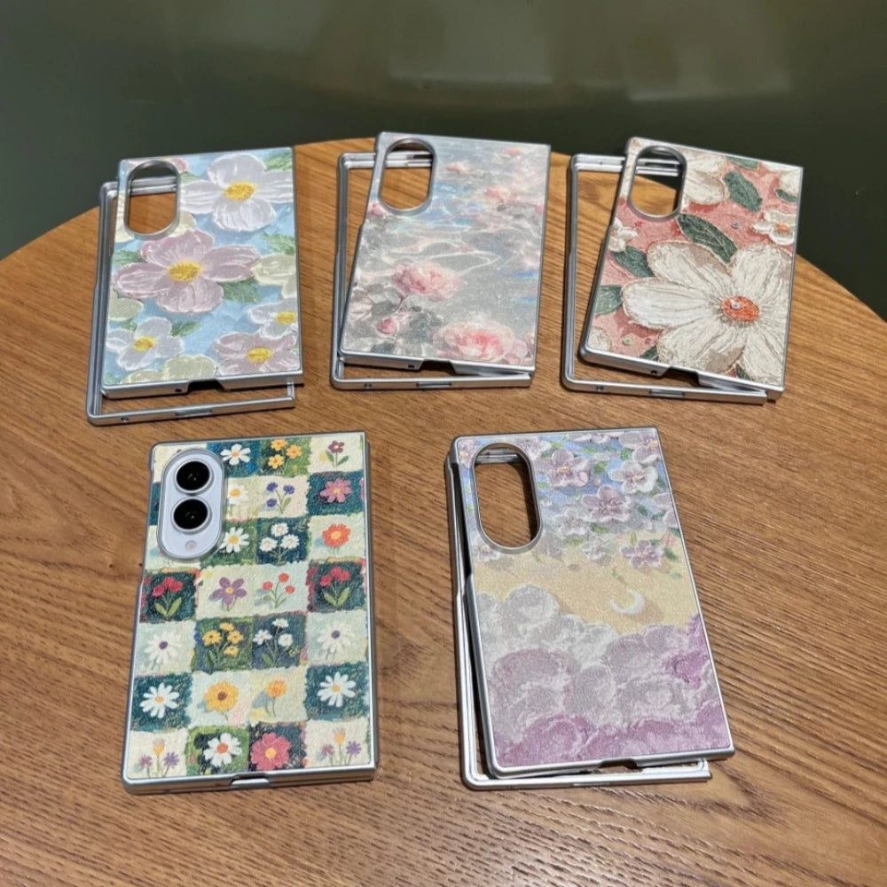Plating Oil Painting Colorful Flower PU Leather Case for Samsung Galaxy Z Fold 8 Ultra Shockpoof Cover for zfold8 Wide Shell