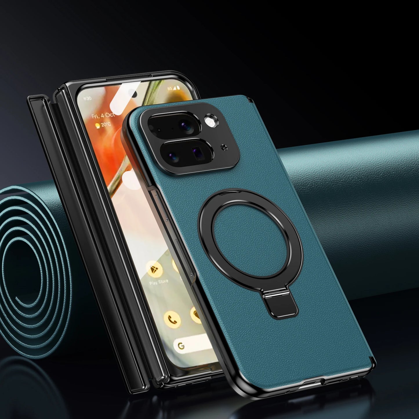 Foldable Magnetic Ring Stand Leather Case For Google Pixel 10 Pro Fold Bracket Cover Magnetic Pivot With Glass Screen Protector
