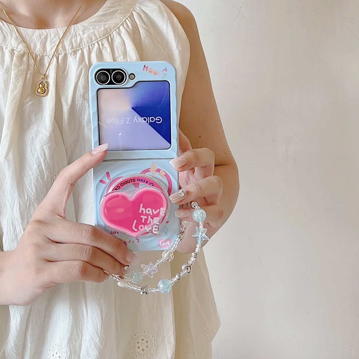 Korean Cute Star Wave Case For Samsung Galaxy Z Flip 5 6 5G Flip6 Flip5 2-piece set With Bracelet Love Heart Holder  Back Cover