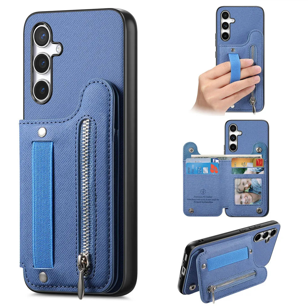 Zipper Cards Solt Wallet Leather Case For Samsung Galaxy A56 A55 A54 A53 A34 A36 A35 A25 A17 Elastic Rope Wrist Leather Cover