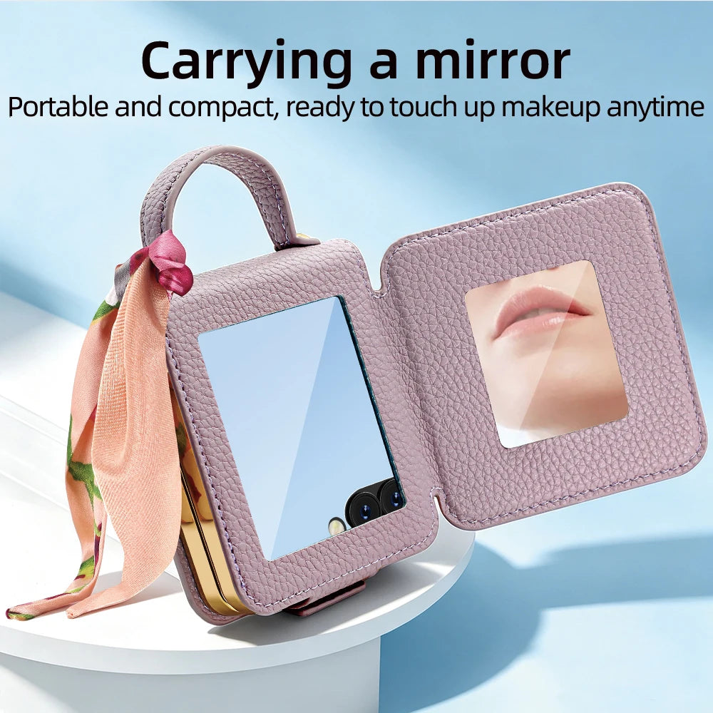 Wrist Strap Lychee Patterned Leather Case for Samsung Z Flip 8 7 6 5 4 Shockproof Screen Protector with Built-in Mirror Cover