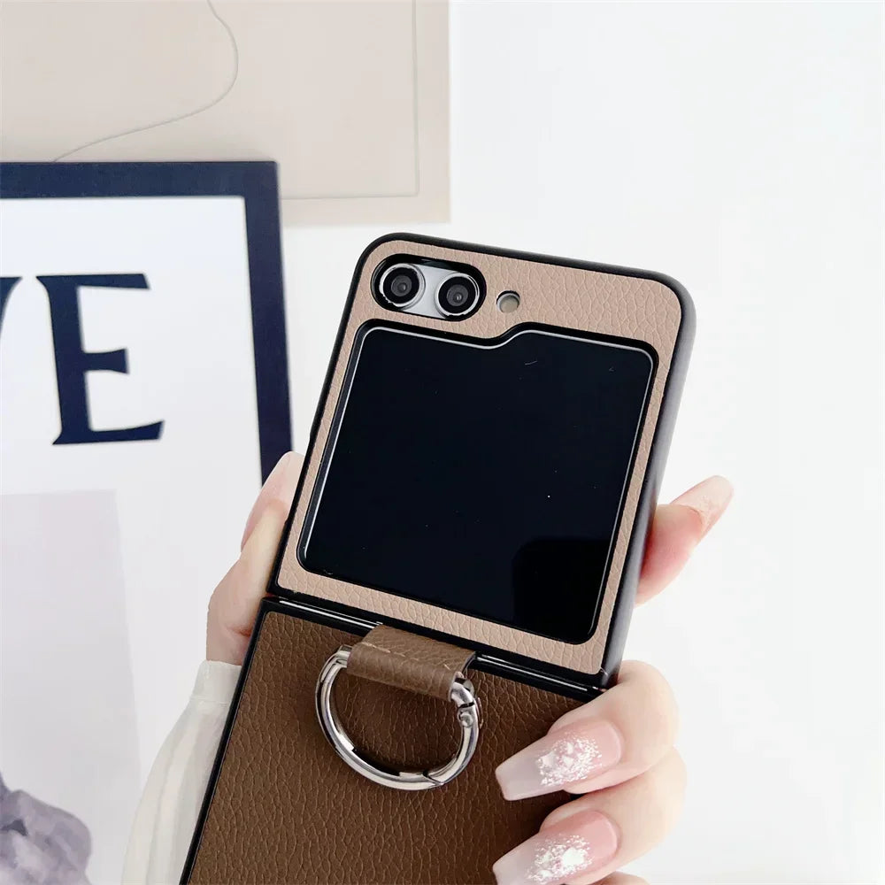 flip 6 Case Double Color Ring Holder Luxury Phone Case for Samsung Galaxy Z Flip 6 5 4 3 2 1 flip6 Flip5 PU Leather Cover
