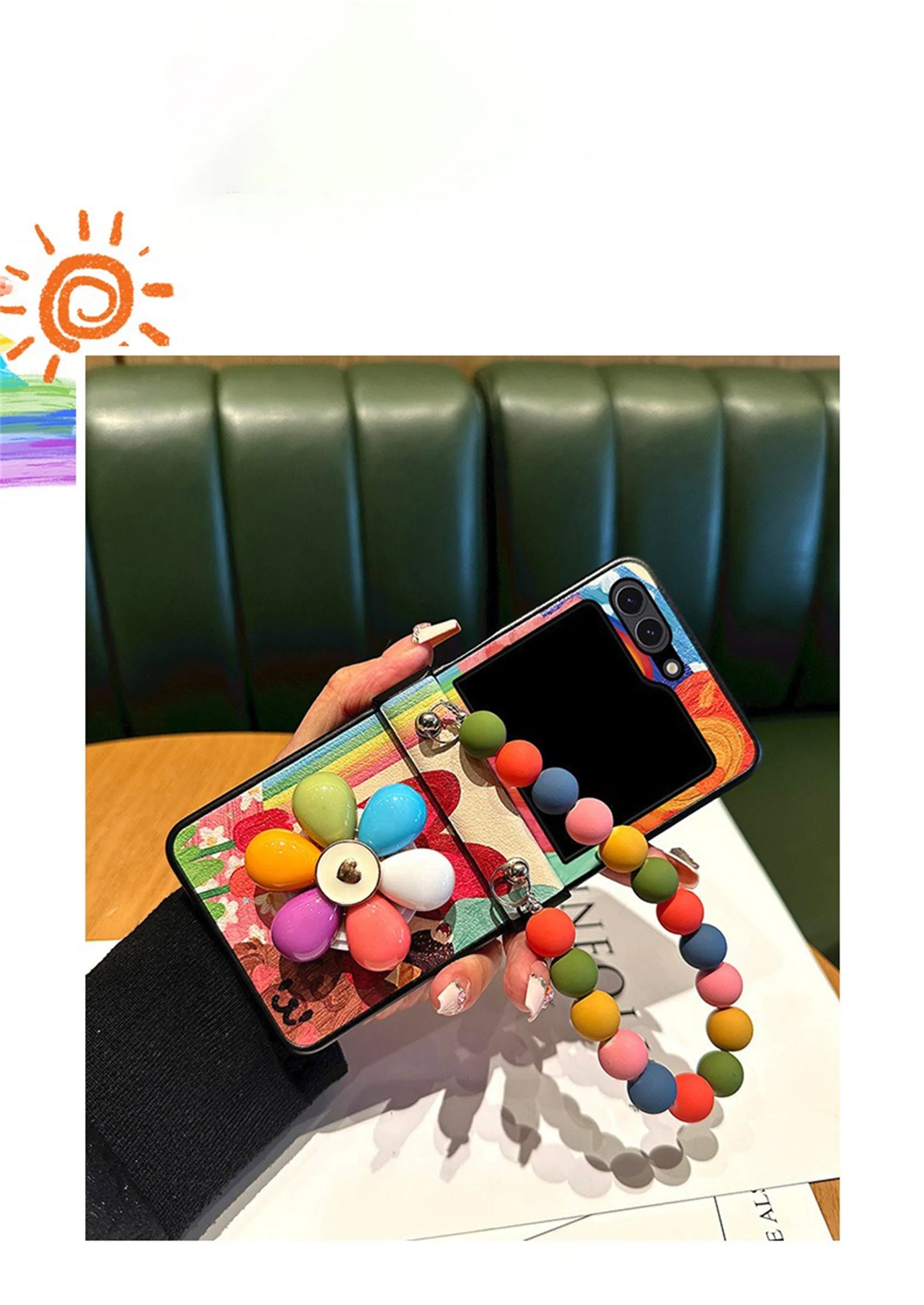 Korean Kawaii Heart Bear Color Flower Bracket Beads Bracelet Case for Samsung Galaxy Z Flip7 flip7 Zflip6 5 Razr 60 Ultra Cover