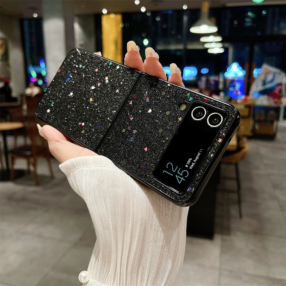 Luxury Glitter Solid Color Phone Case For Samsung Galaxy Z Flip 3 Z Flip 4 Z Flip 5 Lens Protection Shiny Shockproof Back Cover