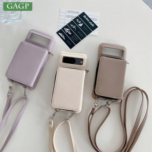 For Google Pixel 9 8 7 6 5 Pro XL 8 A 7A 6A Phone Case  Leather Litchi Wallet Card Bag Shoulder Strap Lanyard Stand Holder Cover