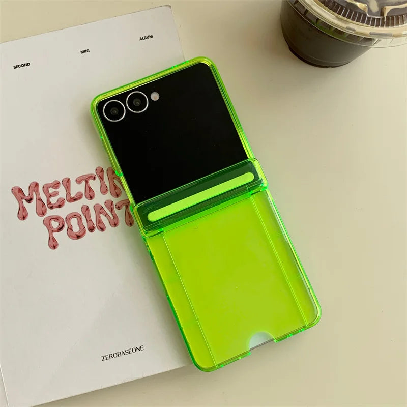 Phone Case For Samsung Galaxy Z Flip 7 FE 6 5 4 3 Fluorescent Green Insert Cards Cute Flower Stand Bracelet Shockproof Cover