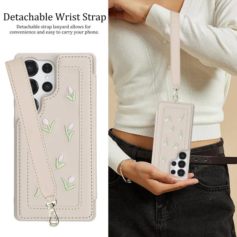 Lanyard Leather Wallet Phone Case For Samsung Galaxy S25 Edge Ultra S24 FE S23 Plus A56 A36 A16 A55 A35 A15 A54 A34 A14 Cover